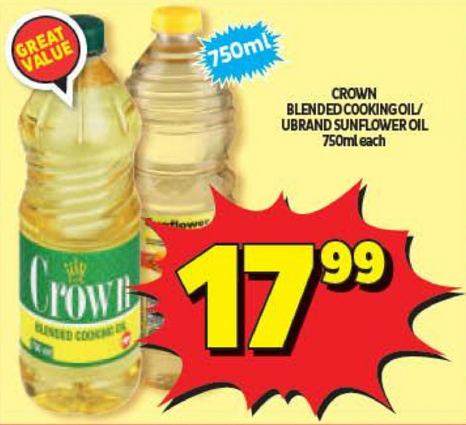 Crown Blended Cooking Oil/Ubrand Sunflower Oil 750ml offer at Usave