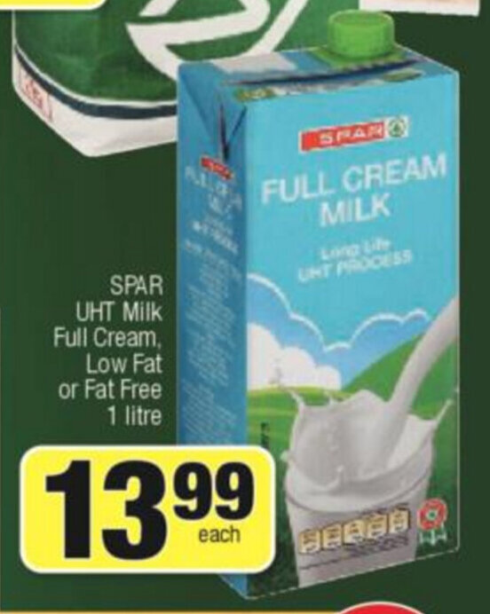 Spar UHT Milk Full Cream Low Fat or Fat Free 1 Litre offer at Spar