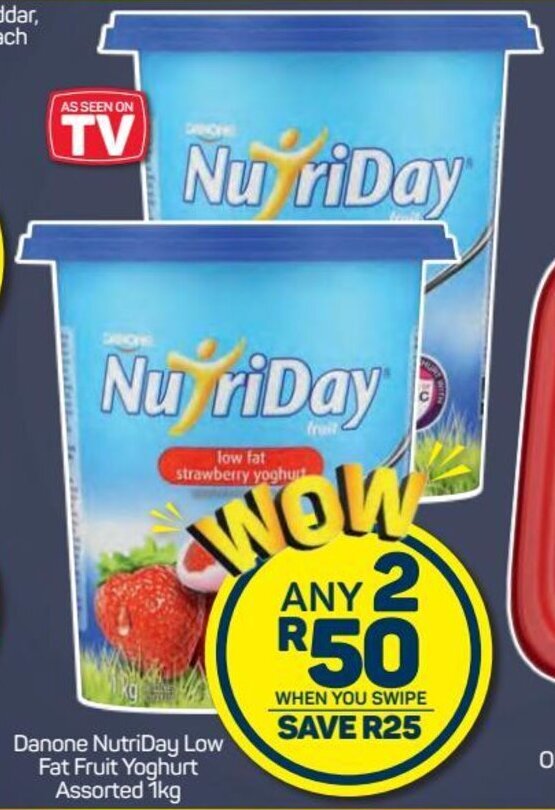 Danone NutriDay Low Fat Fruit Yoghurt assorted 2 x 1kg offer at Pick n Pay