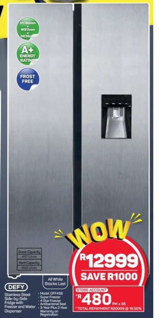 Defy Stainless Steel SidebySide Fridge with Freezer and Water