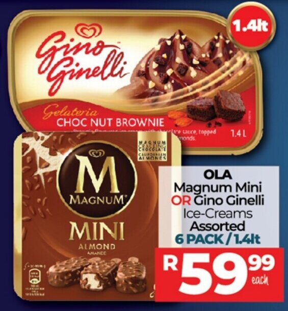 Magnum Mini or Gino Ginelli Ice Creams assorted 6 pack / 1.4lt offer at Take 'n Pay