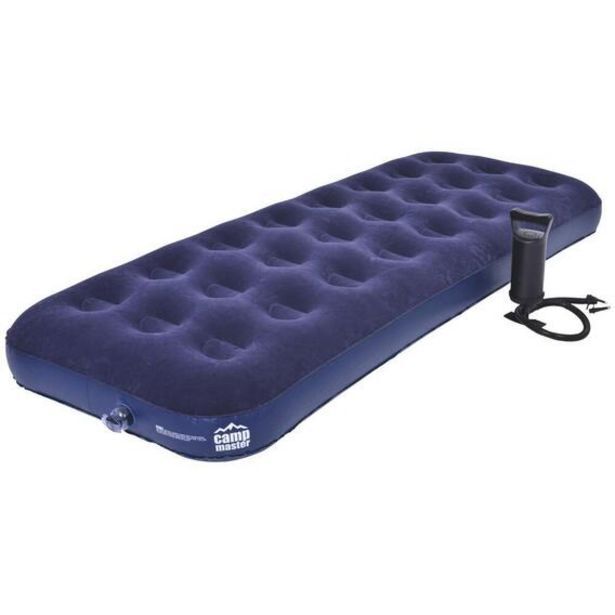 Campmaster single flocked airbed and pump offer at Game
