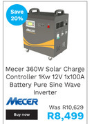 Mecer 360w solar charge controller 1kw 12v 1x100a battery pure sine wave inverter
