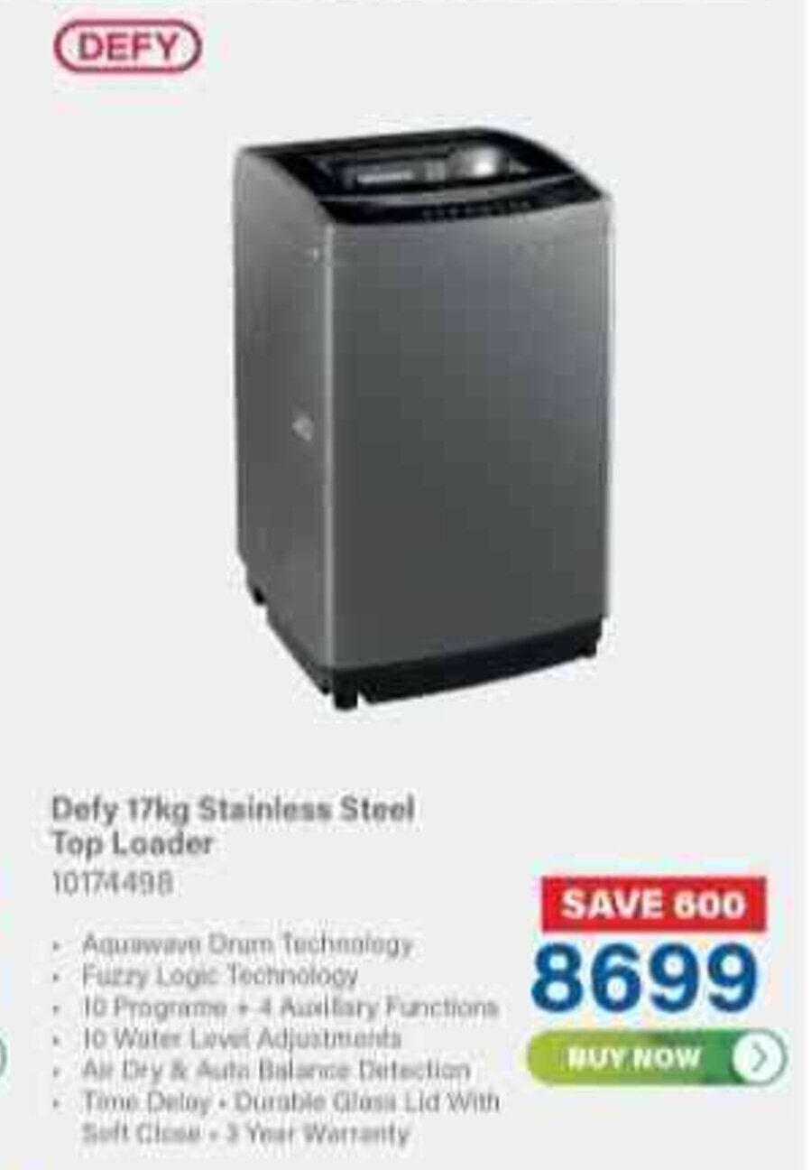 Defy 17kg Stainless Steel TopLoader offer at Incredible Connection
