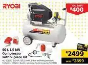 Builders Warehouse Ryobi 50l 1.5kw compressor with 5 piece kit ac-2055k offer