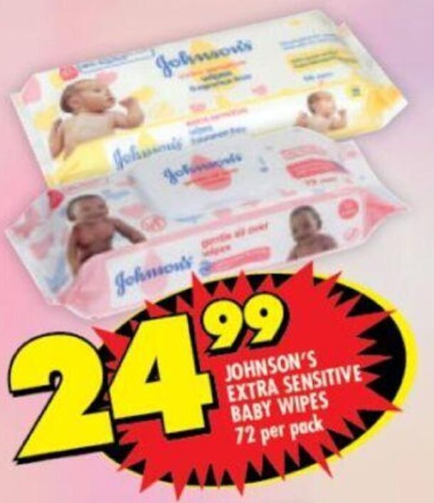 Johnson's Extra Sensitive Baby Wipes 72 per Pack offer at Shoprite