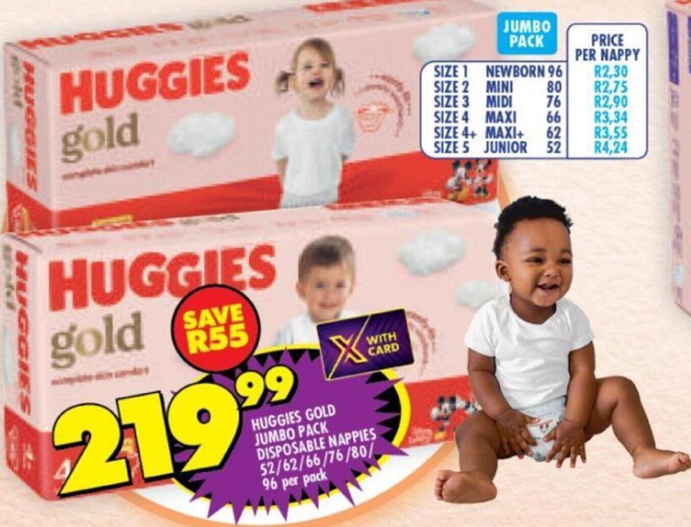 Huggies Gold Jumbo Pack Disposable Nappies 52/62/66/76/80/96 per Pack