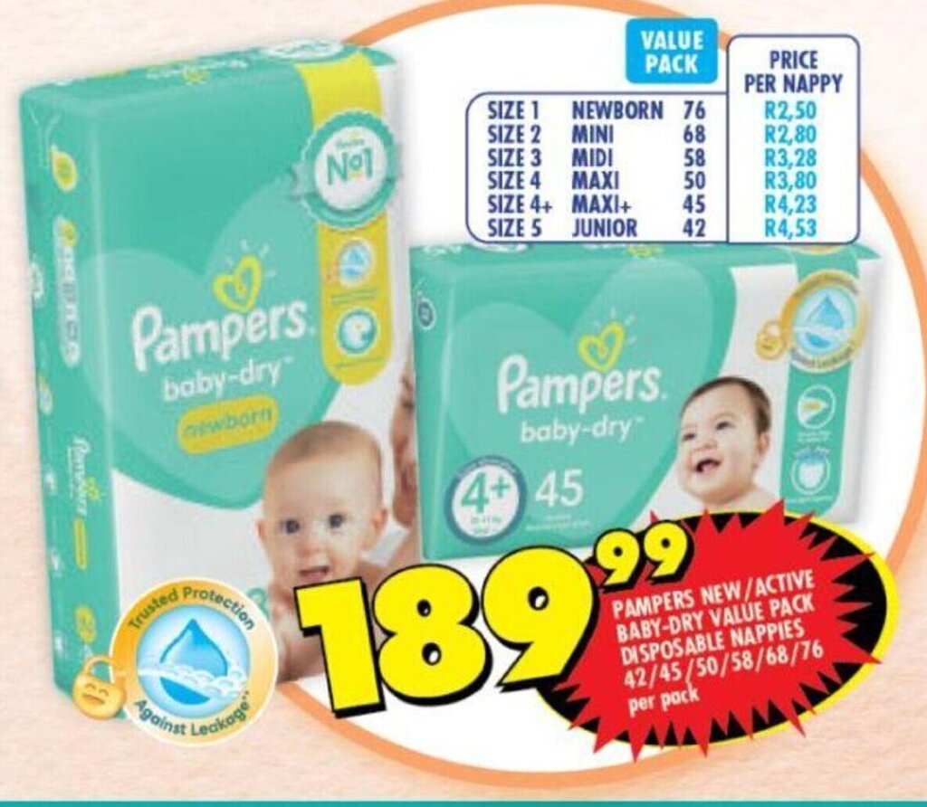 Pampers New/Active BabyDry Value Pack Disposable Nappies 42/45/50/58