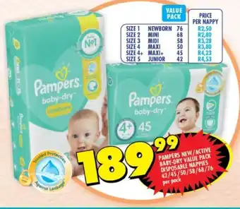 Shoprite Pampers New/Active Baby-Dry Value Pack Disposable Nappies 42/45/50/58/68/76 per Pack offer
