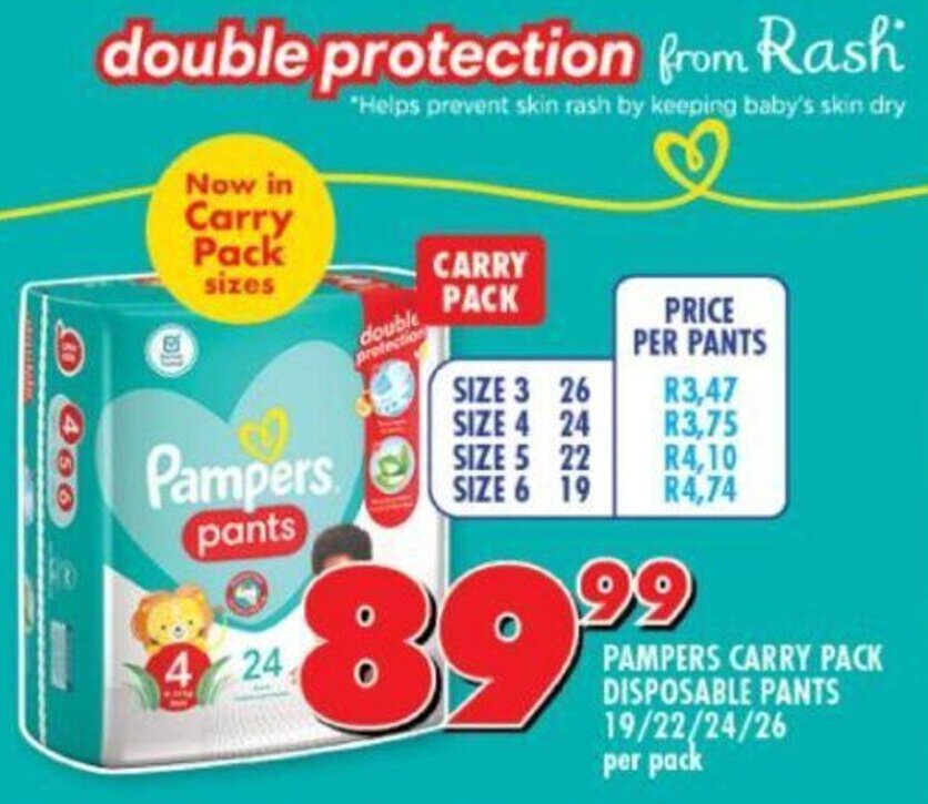 Pampers Carry Pack Disposable Pants 19/22/24/26 per Pack offer at Shoprite