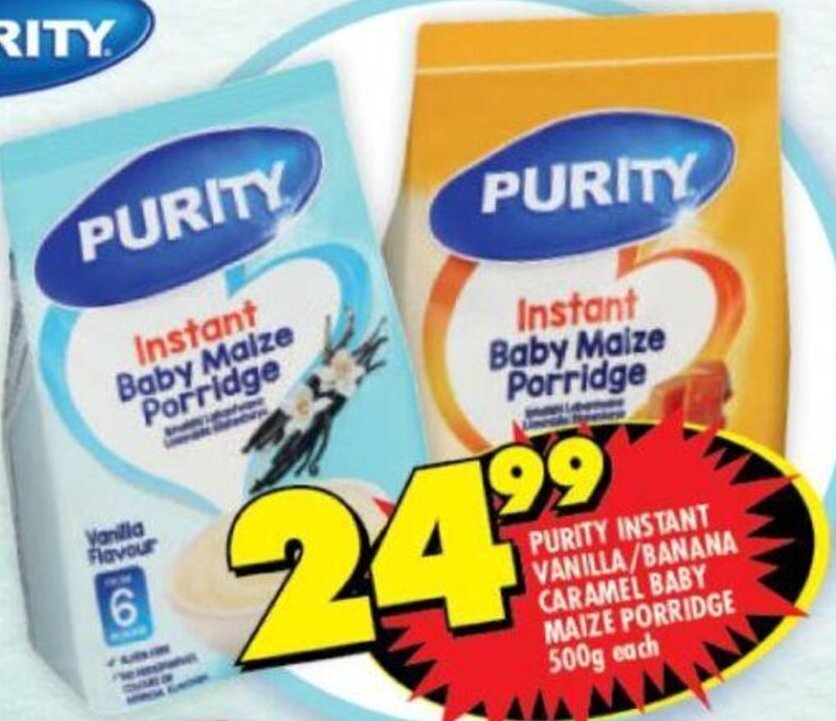 Purity Instant Vanilla/ Banana Caramel Baby Maize Porridge 500g offer