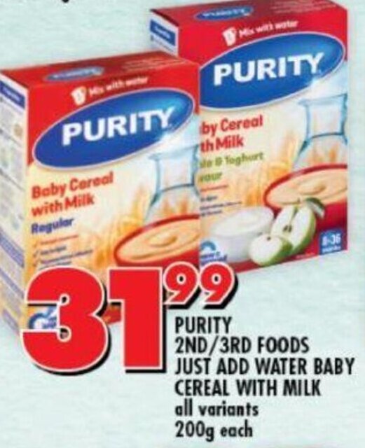 Purity 2nd/3rd Foods Just Add Water Baby Cereal With Milk 200g offer at