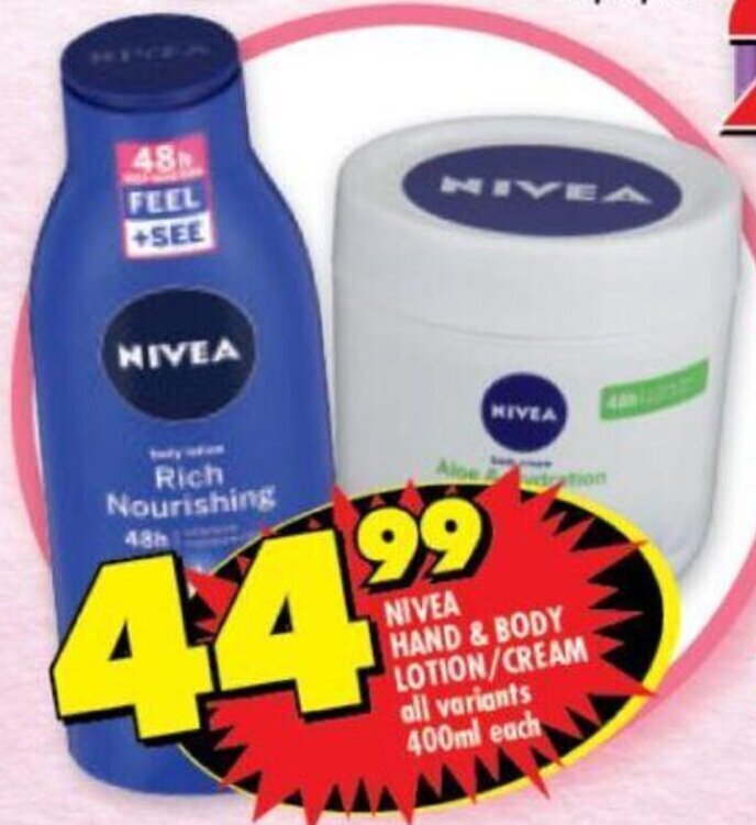 Nivea Hand/Body Lotion/Cream 400ml offer at Shoprite