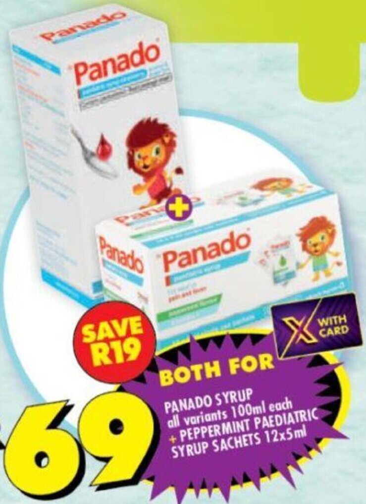 Panado Syrup 100ml + Peppermint Paediatric Syrup Sachets 12 x 5ml offer