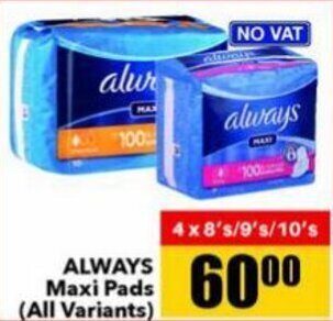Jumbo Always Maxi Pads 4 x 8's/9's/10's offer