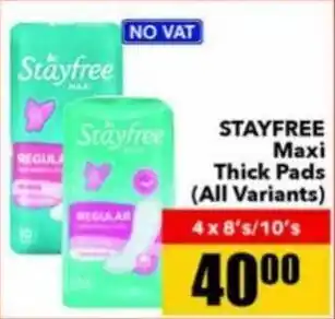 Jumbo Stayfree Maxi Thick Pads 4 x 8's/10's offer