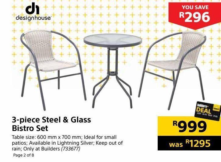 Builders Warehouse 3-piece steel & glass bistro set offer