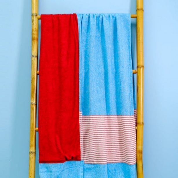 Whitehouse Cotton bay border stripe backed fouta - blue/red offer