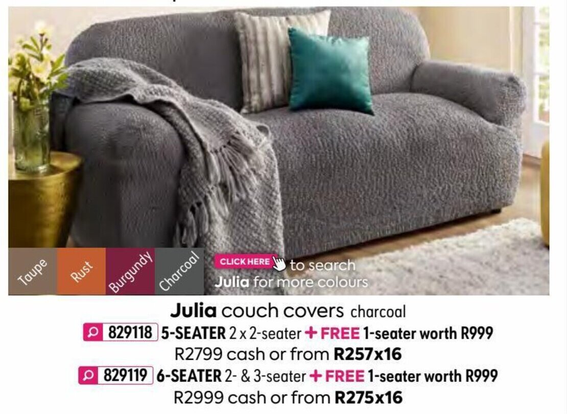 Julia Couch Covers Charcoal 5seater + free 1seater offer at HomeChoice