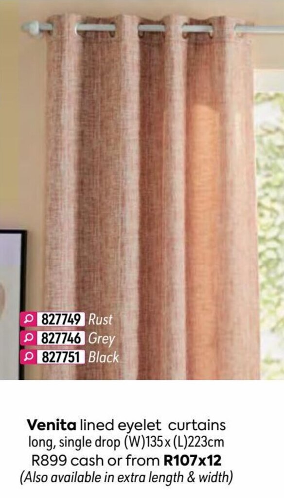 Venita Lined Eyelet Curtains offer at HomeChoice