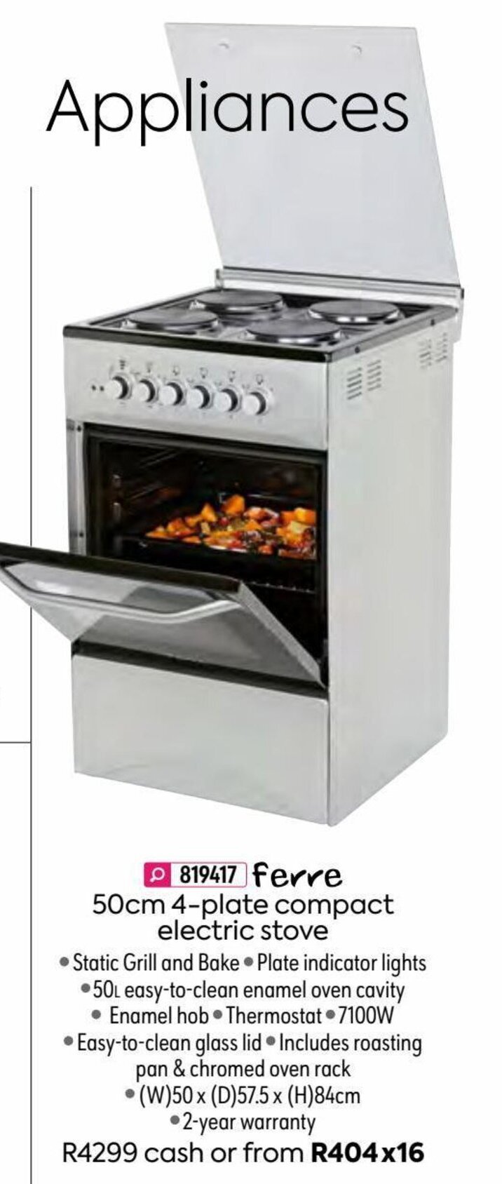 Ferre 50cm 4plate Compact Electric Stove offer at HomeChoice