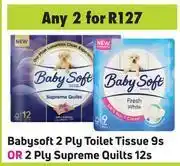 Babysoft 2 ply toilet tissue 9s or 2 ply supreme quilts 12s-for 2