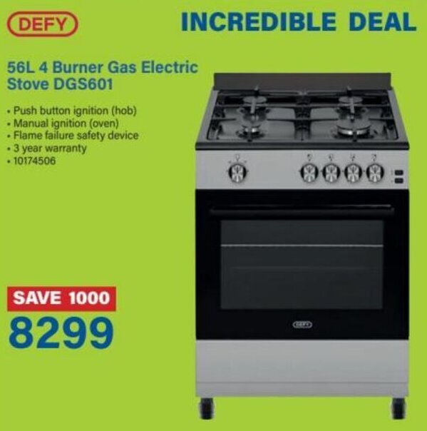 Defy 56L Burner Gas Electric Stove DGS601 offer at Incredible Connection