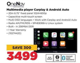 OneNav Multimedia Player Carplay & Android Auto
