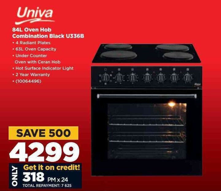 Univa 84L Oven Hob Combination Black U336B offer at HiFi Corp