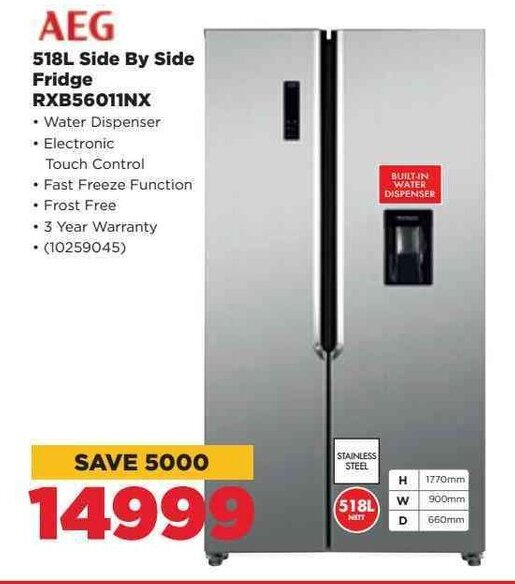 AEG 518L Side by Side Fridge RXB56011NX offer at HiFi Corp