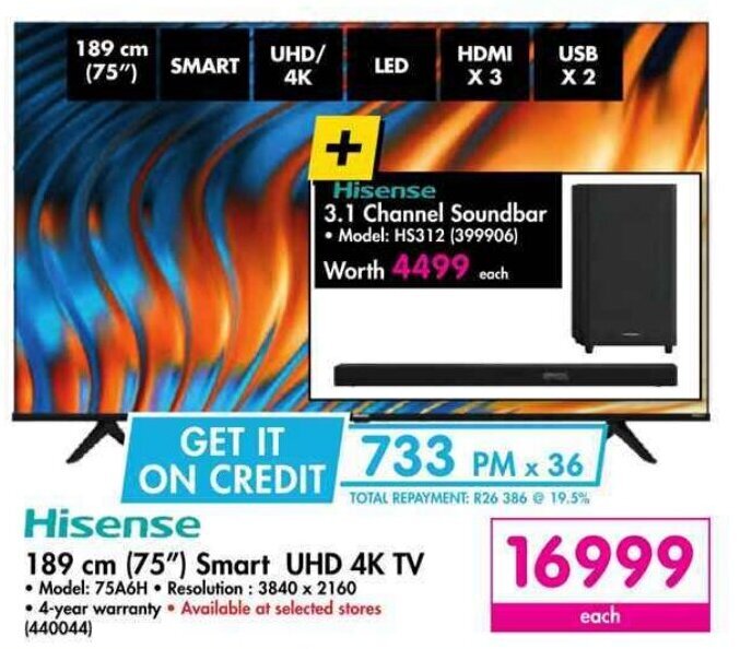 Hisense 75" smart UHD 4K TV offer at Makro
