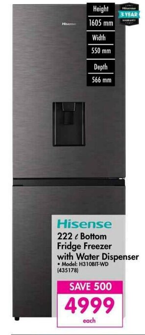 Makro Hisense 222L Bottom Fridge Freezer with Water Dispenser offer