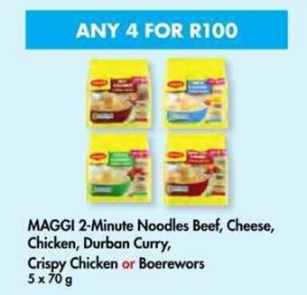 MAGGI 2-Minute Noodles Beef, Cheese, Chicken, Durban Curry, Crispy chicken or Boerewors 4 x 5 x 70g