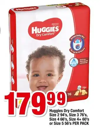 OK Foods Huggies Dry Comfort Size 2 94's, Size 3 76's, Size 4 66's, Size 4+ 60's or Size 5 56's per pack offer