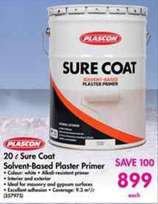 Plascon Sure Coat SolventBased Plaster Primer 20L offer at Makro