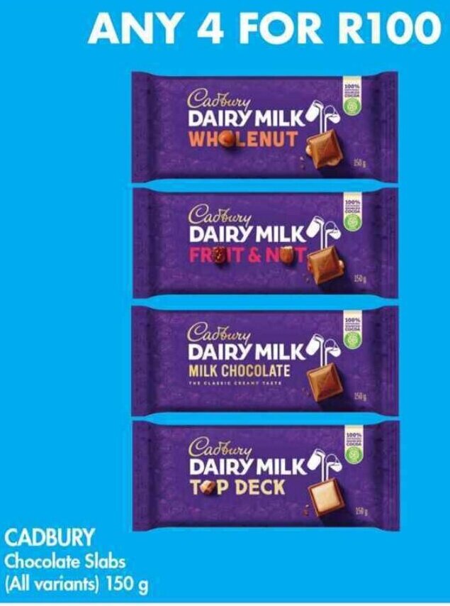 CADBURY Chocolate Slabs all variants 4 x 150g offer at Makro