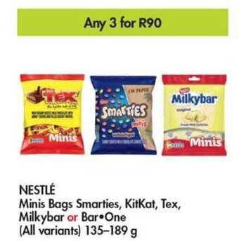Makro NESTLÉ Minis Bags Smarties, KitKat, Tex, Milkybar or Bar One all variants 3 x 135-189g offer