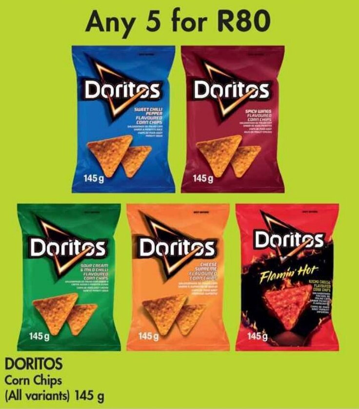 DORITOS Corn Chips all variants 5 x 145g offer at Makro