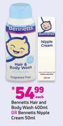 Bennetts hair & body wash 400ml or bennetts nipple cream 50ml-each