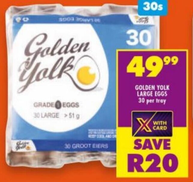 Golden Yolk Large Eggs 30 per Tray offer at Shoprite