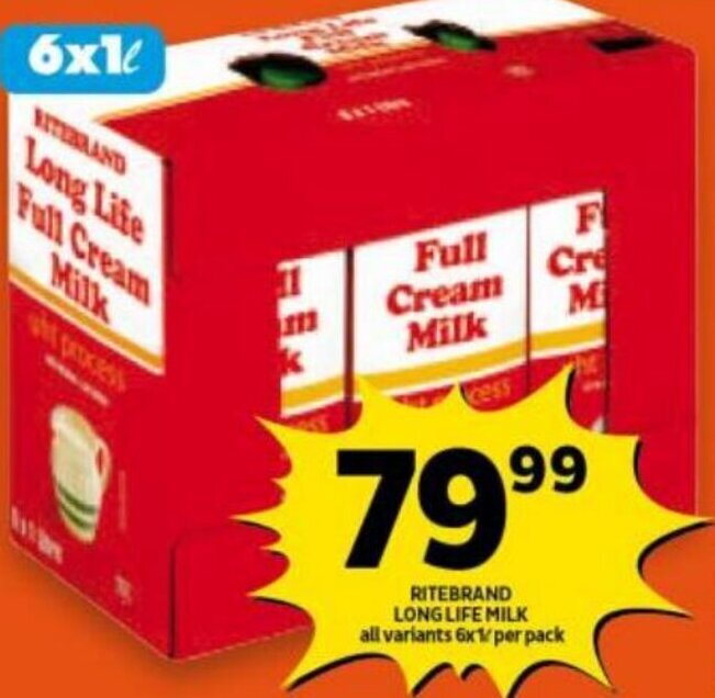 Ritebrand Long Life Milk 6x1per Pack offer at Shoprite