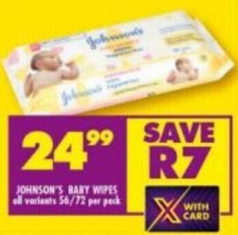 Shoprite JOhnson's Baby Wipes 56/72 per Pack offer
