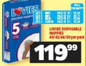 Usave Lovies Disposable Nappies 40/42/44/50 Per Pack offer