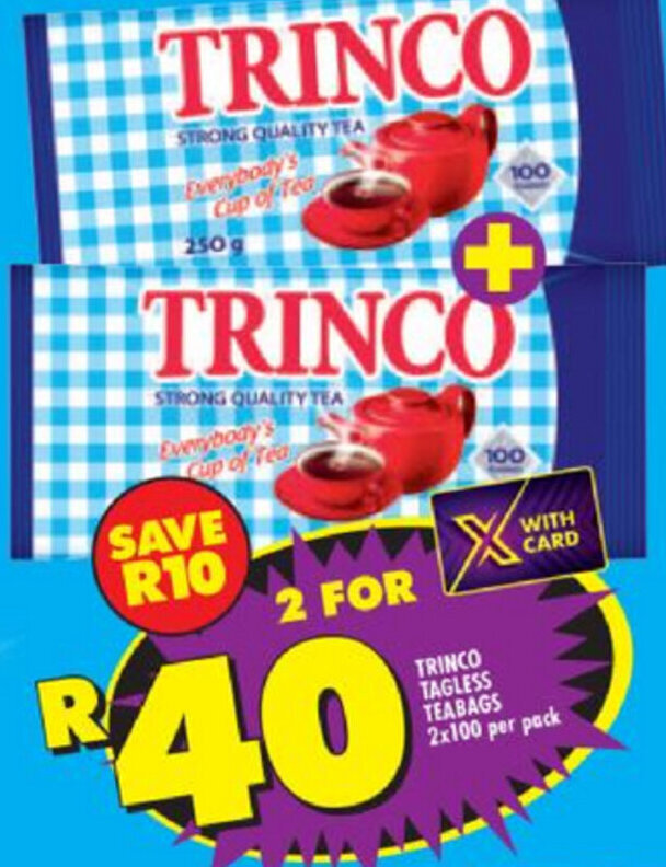Trinco Tagless Teabags 2x100 Per Pack offer at Shoprite
