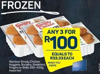 Pick n Pay Frozen Rainbow Simply Chicken Nuggets,Burgers,Steaklets,Fingers Or Bites 350-400g offer