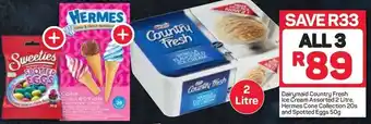 Pick n Pay Dairymaid Country Fresh Ice Cream Assorted 2Litre,Hermes Cone Collection 20s And Spotted Eggs 50g offer