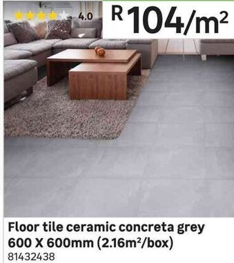 Floor Tile Ceramic Concreta Grey 600x600mm(2.16m/Box