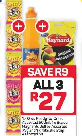 Pick n Pay 1xOros Ready To Drink 500ml,1x Bacon Maynards Jellies 75g Niknaks 5s offer