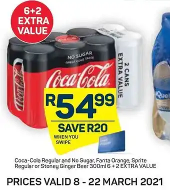 Pick n Pay Coca-Cola Regular And No Sugar,Fanta Orange,Sprite Regular Or Stoney Ginger Beer 300ml 6+2 offer