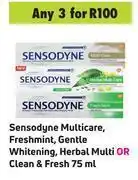 Game Sensodyne multicare freshmint, gentle whitening, herbal multi or clean & fresh-for any 3 x 75ml offer